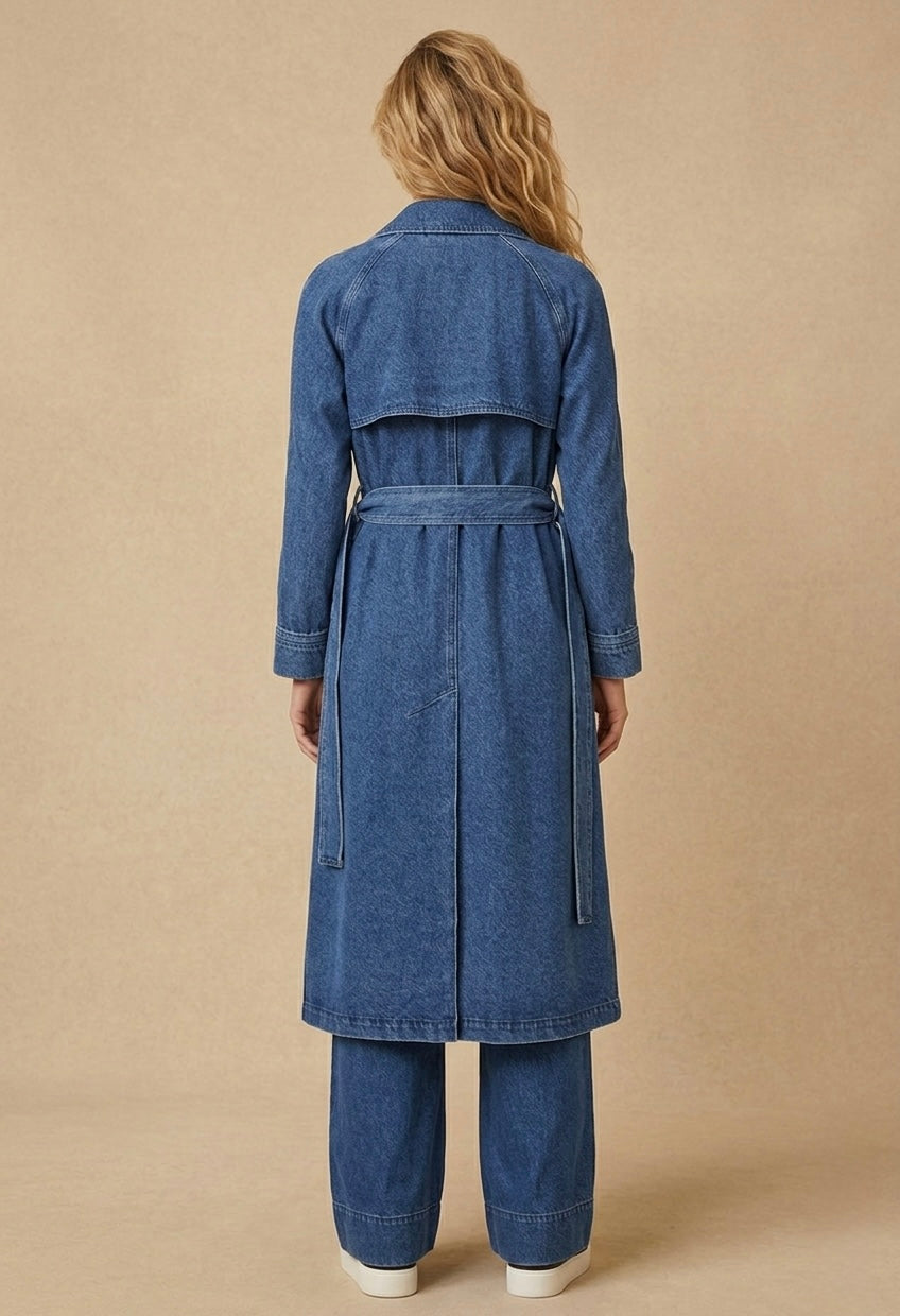 Belted Denim Blue Trench Coat