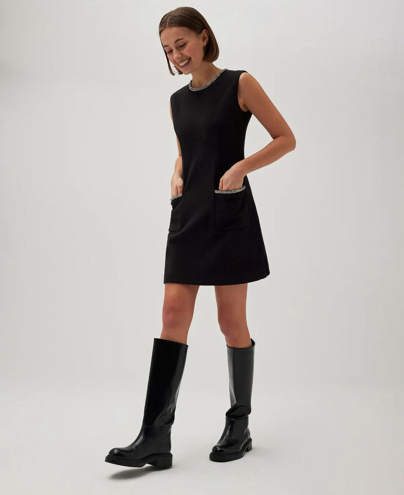 Sleeveless Black Dress with Pocket and Beaded Trim Details