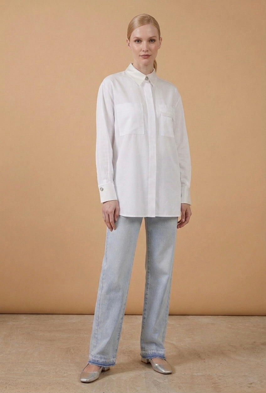 Detailed White Poplin Shirt