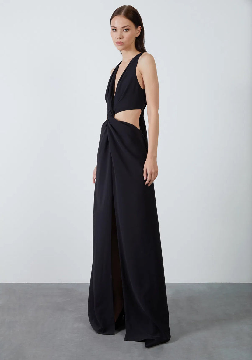 Front Knot Detailed Deep Neck Maxi Dress