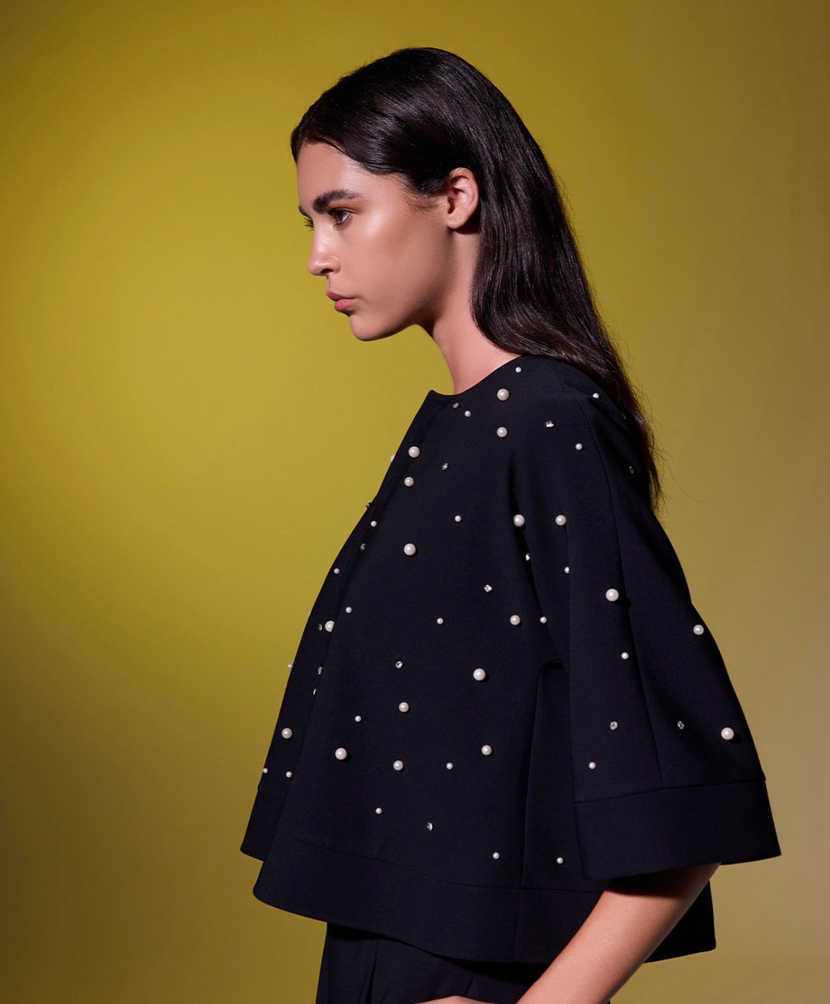 Embellished Cape-Style Black Pants Set