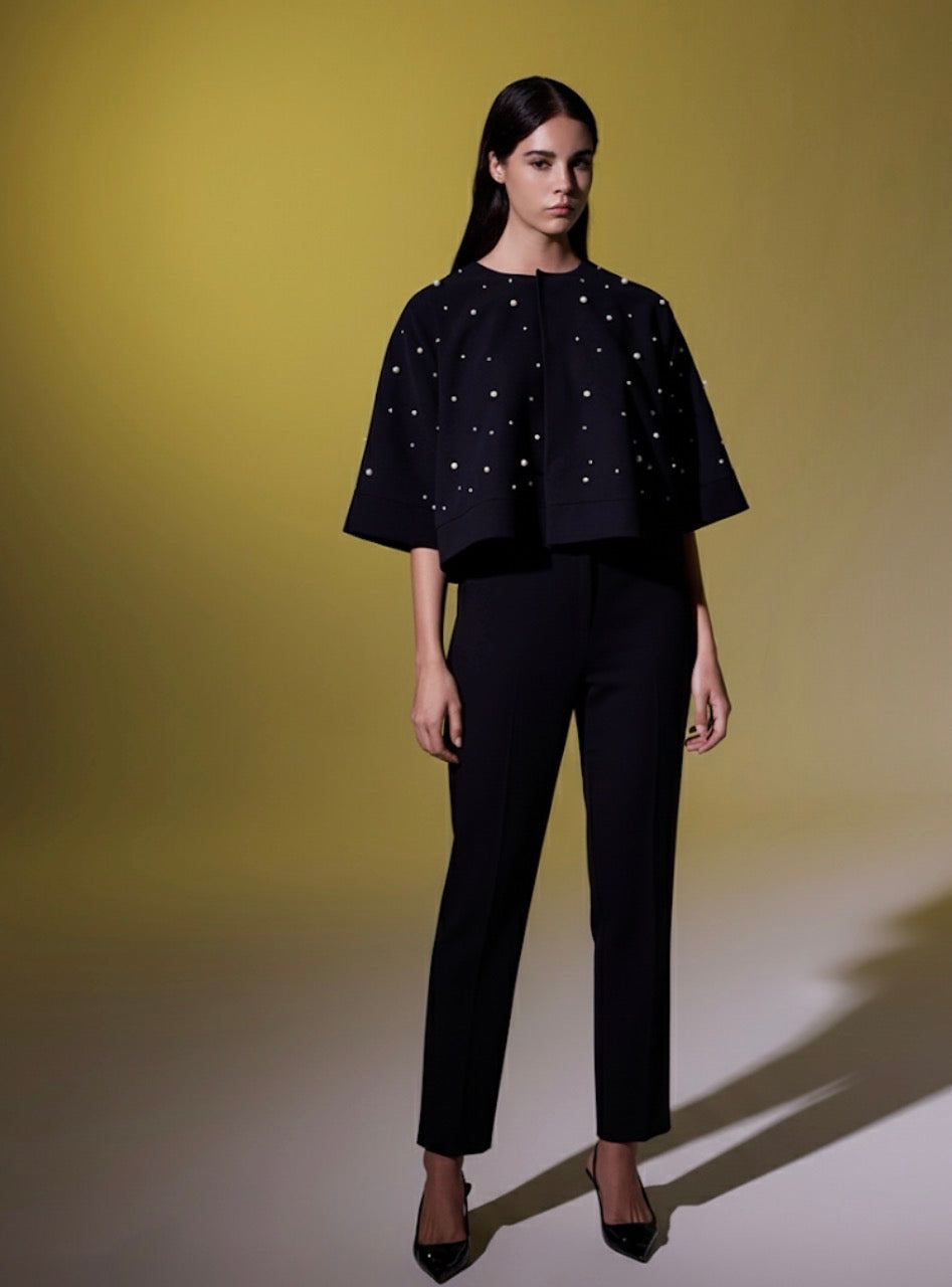 Embellished Cape-Style Black Pants Set