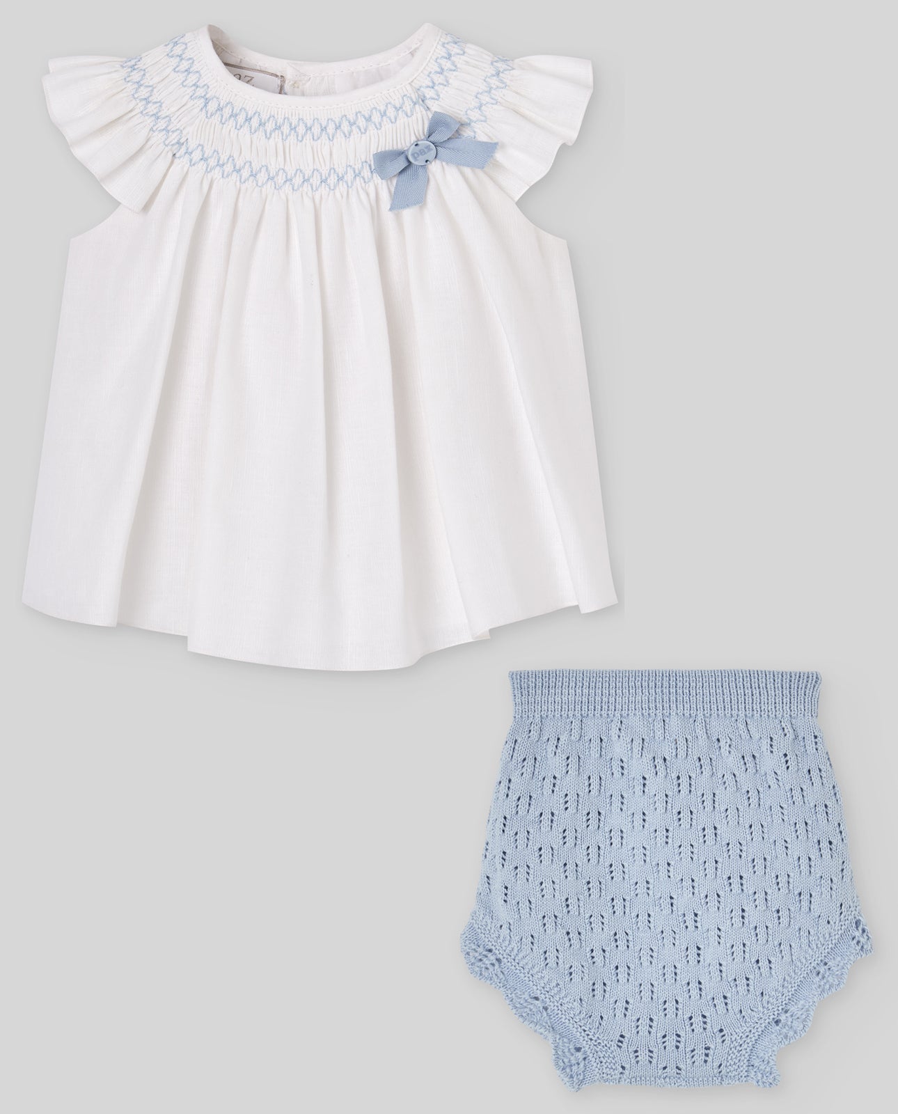 Smocked Ivory Top & Blue Knit Bloomers Set
