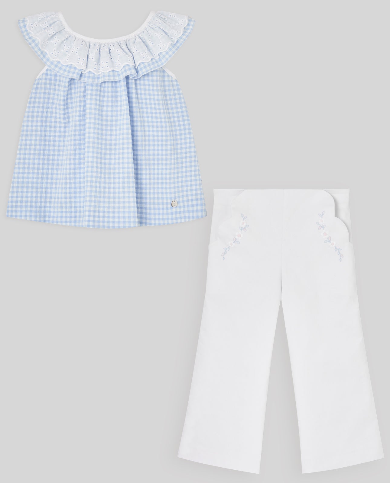 Blue Gingham Top & White Trousers Set