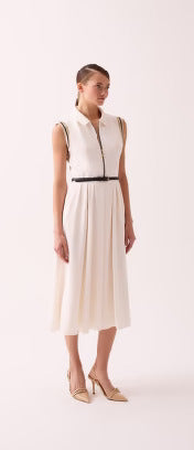 Pleated Thin Belted Midi Length Ecru Dress