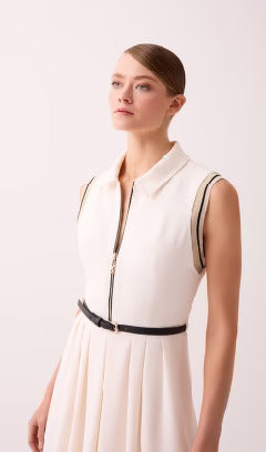 Pleated Thin Belted Midi Length Ecru Dress