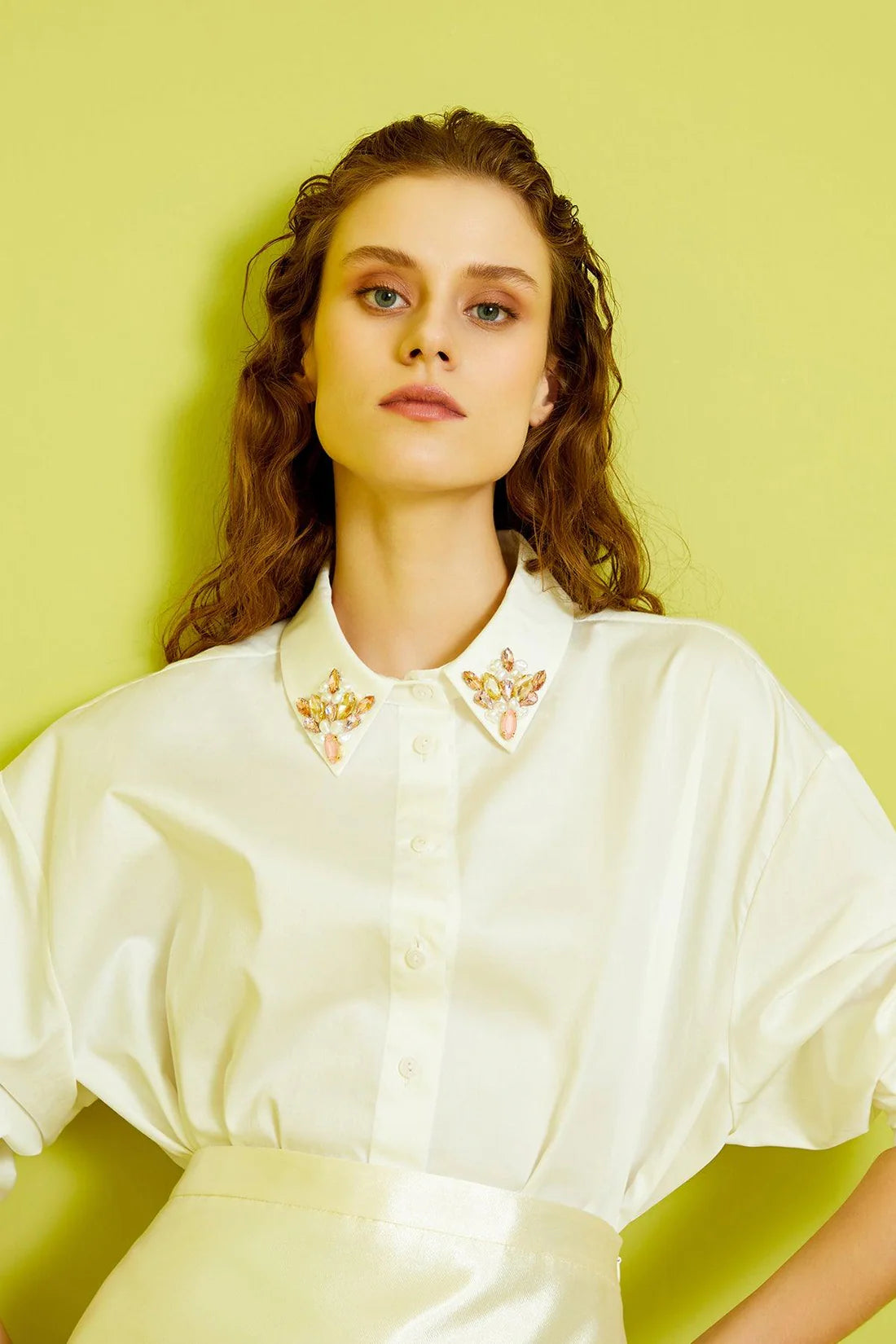Embellished White Button-Up Shirt