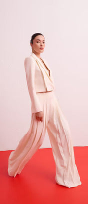 Wide Leg Pleated Detailed Ecru Trousers