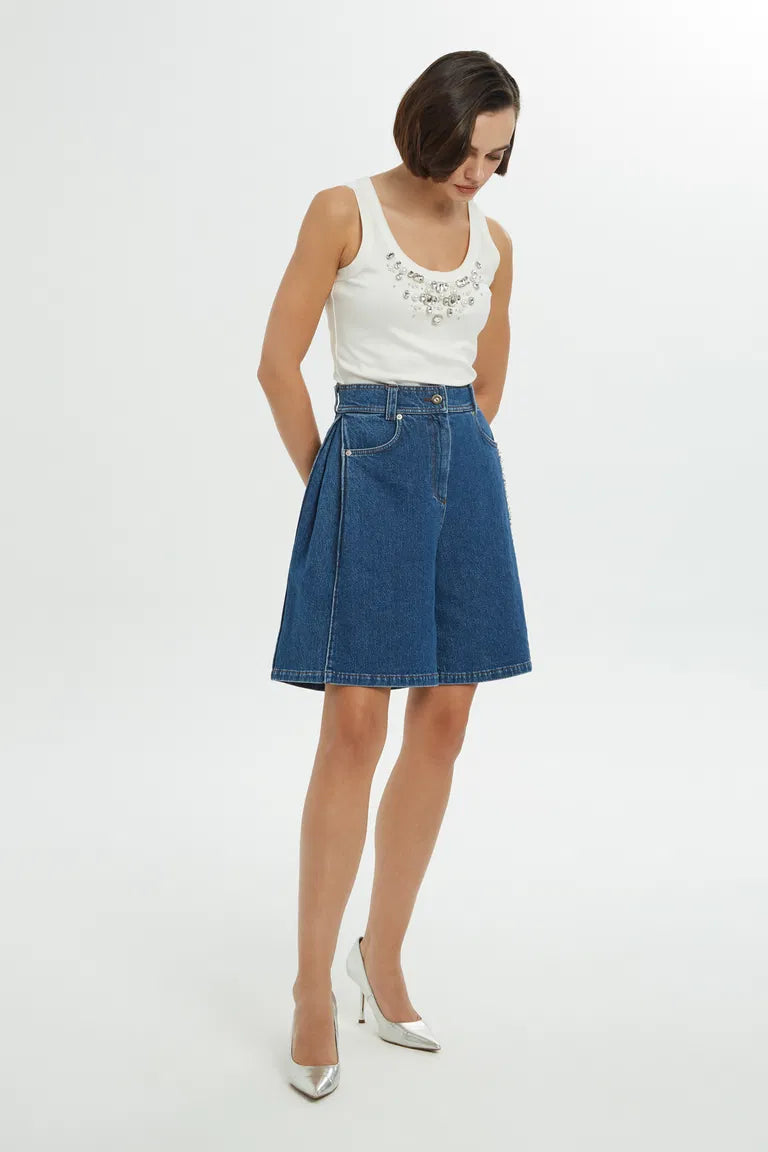 Blue Jean Shorts with Embroidery Detail