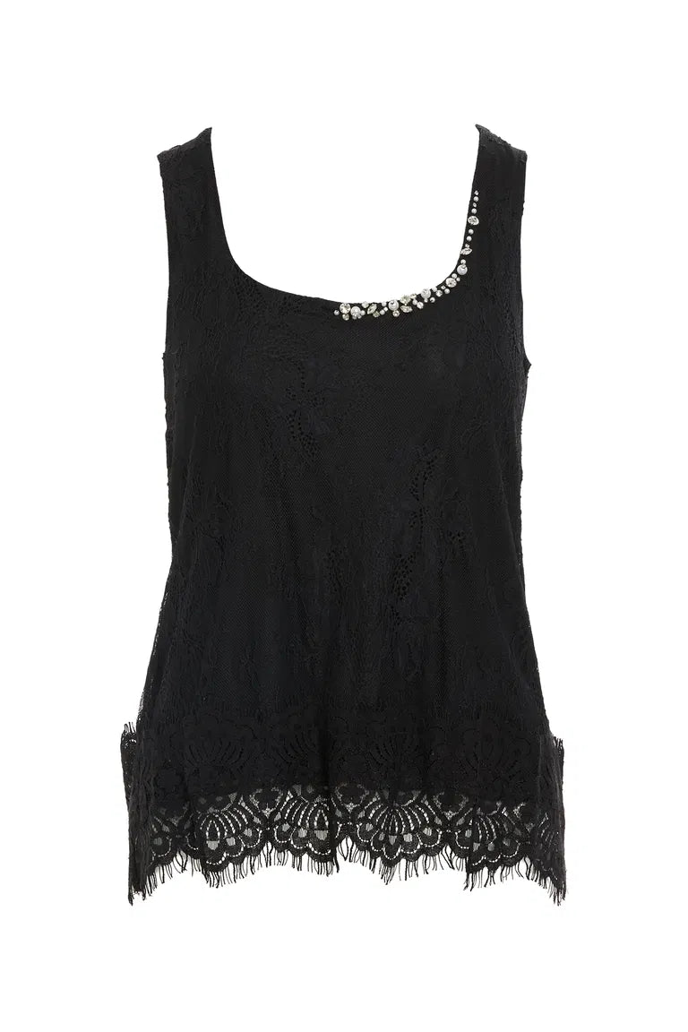 Black Blouse with Stone Embellishments and Lace