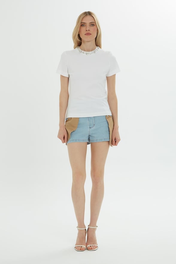 White T-Shirt With Embellished Neckline