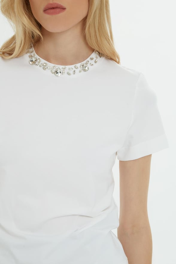 White T-Shirt With Embellished Neckline
