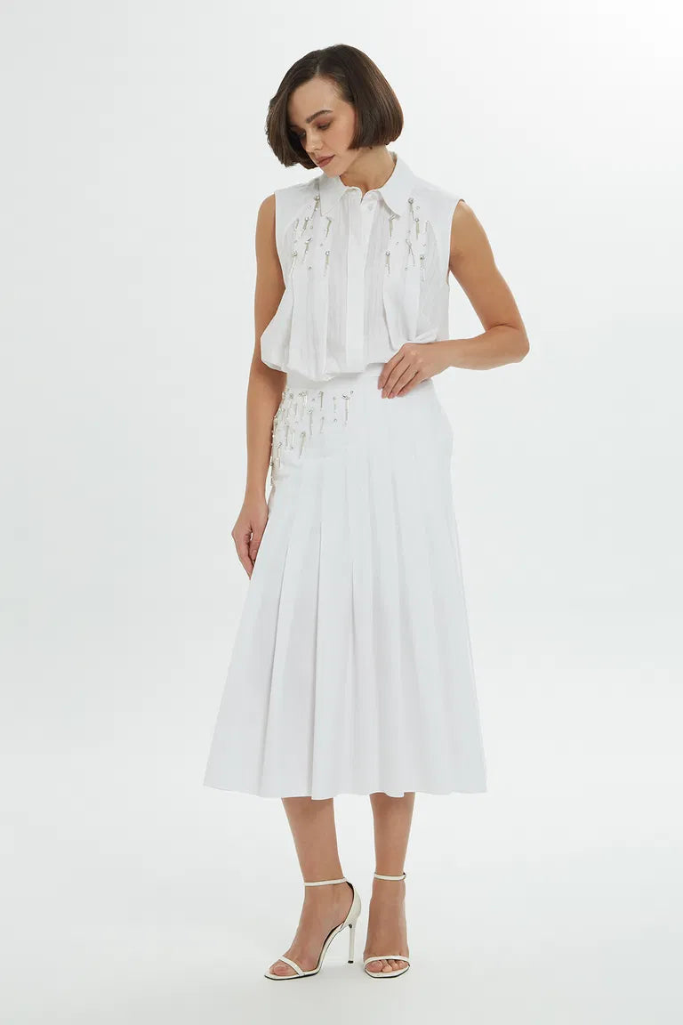 Embroidered Waist Pleated Blouse and Midi Skirt Set.