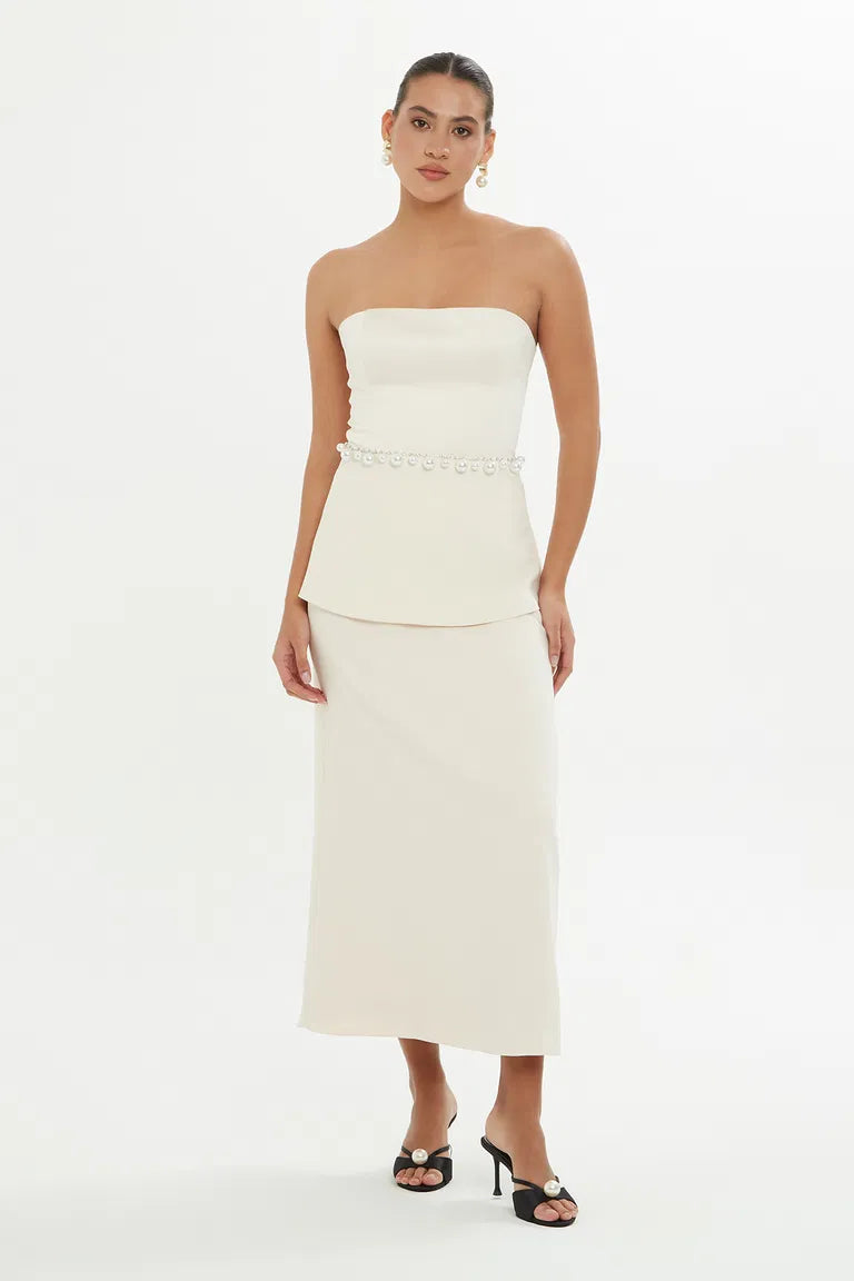 Embroidered Beige Strapless Blouse and Skirt Set.