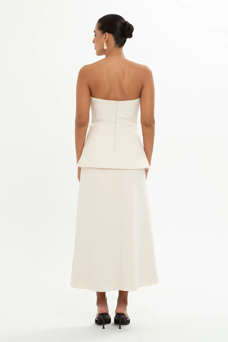 Embroidered Beige Strapless Blouse and Skirt Set.