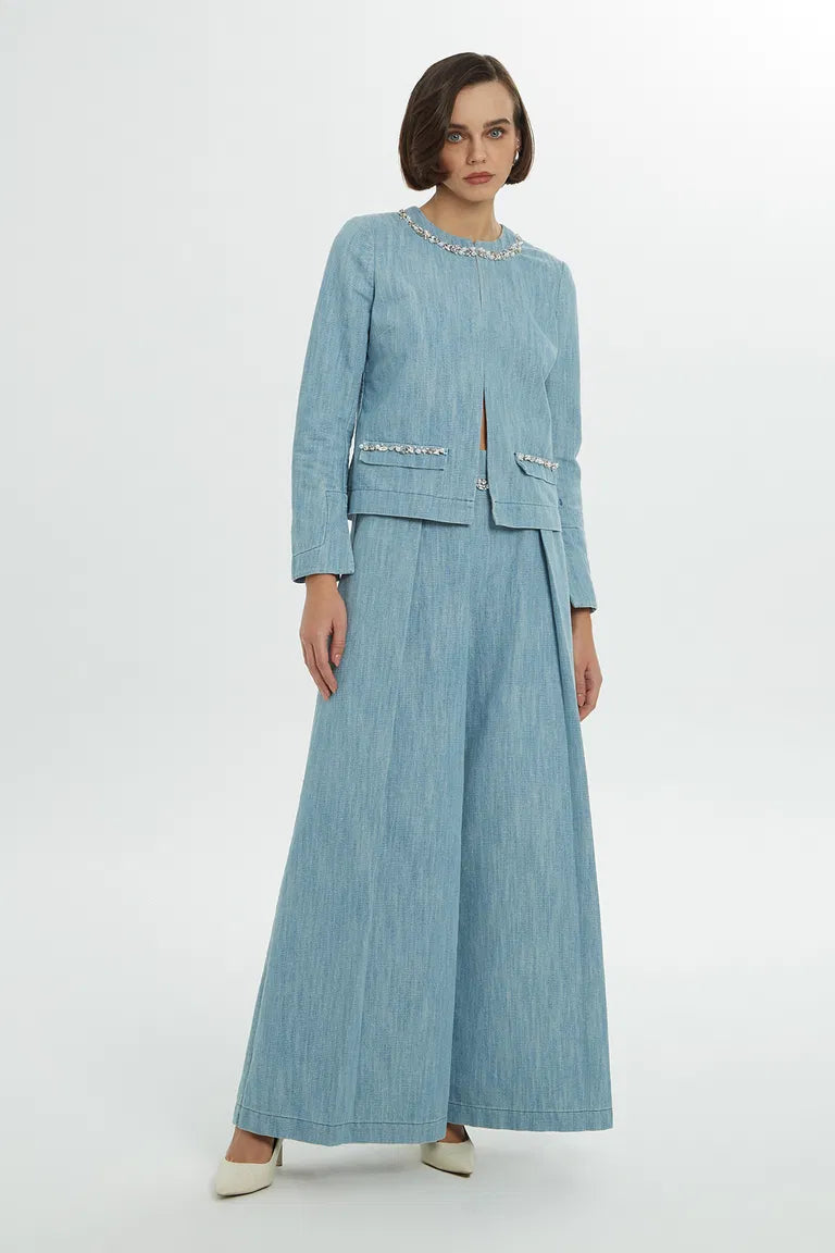 Stone Embellished denim jacket and pants Suit