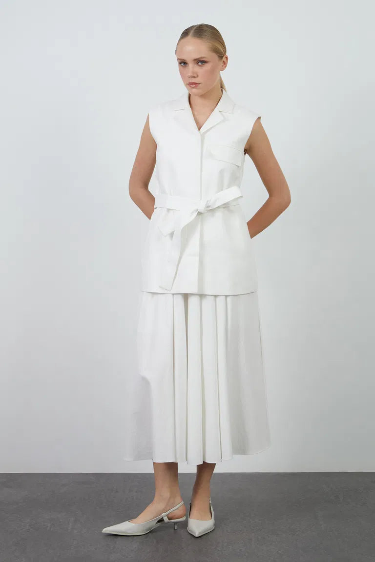 Lace Trimmed Cuffed Sleeve Belted Ecru Jacket