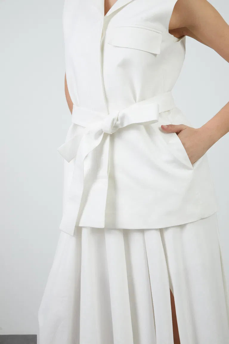 Lace Trimmed Cuffed Sleeve Belted Ecru Jacket