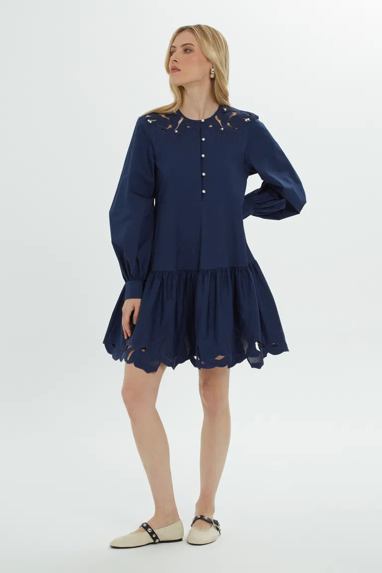 Blue Short Dress with Pearl Buttons
