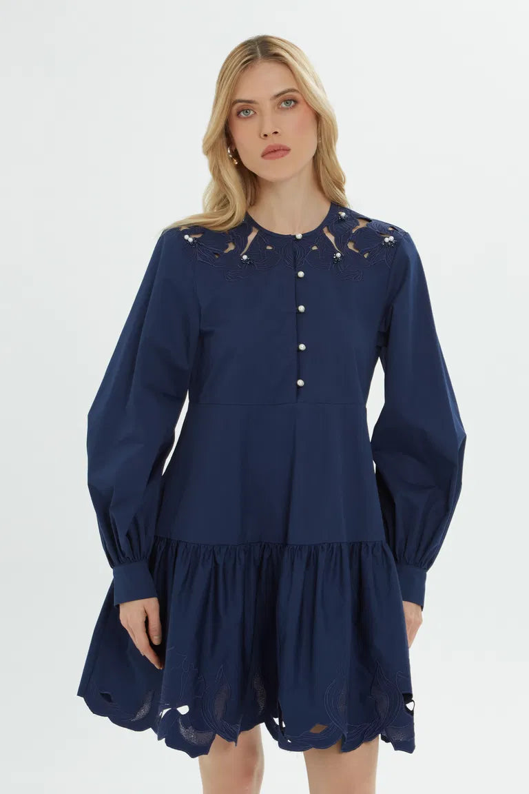 Blue Short Dress with Pearl Buttons