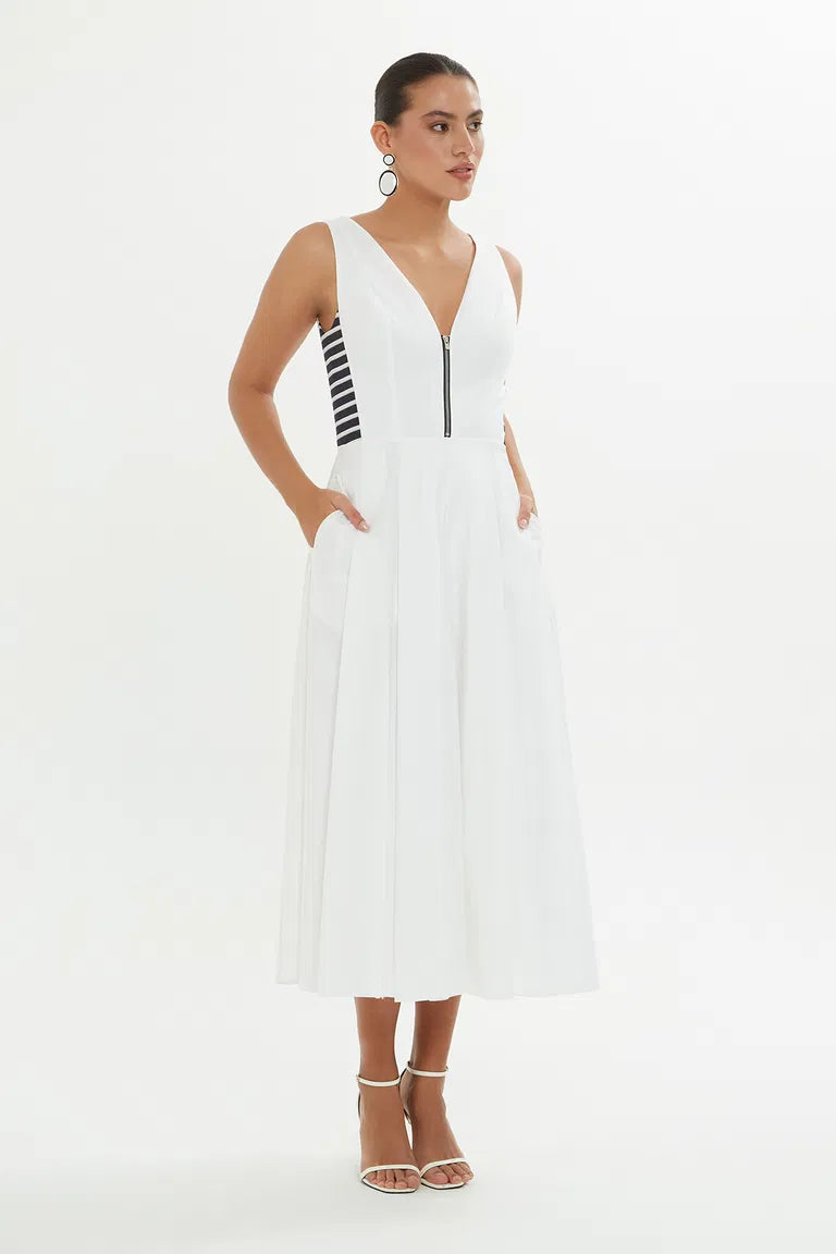 V-Neck Lined Long White Dress