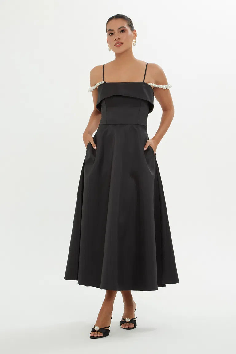 Pearl-Strapped Black Dress
