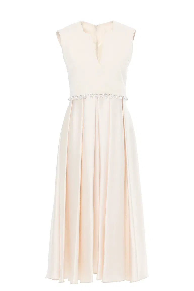 Pearl-Embellished Pleated Dress