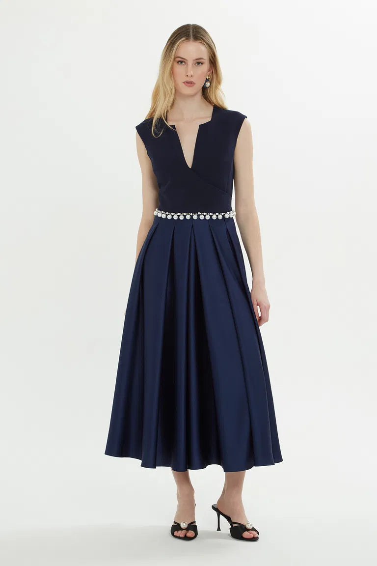 Pearl-Embellished Pleated Dress