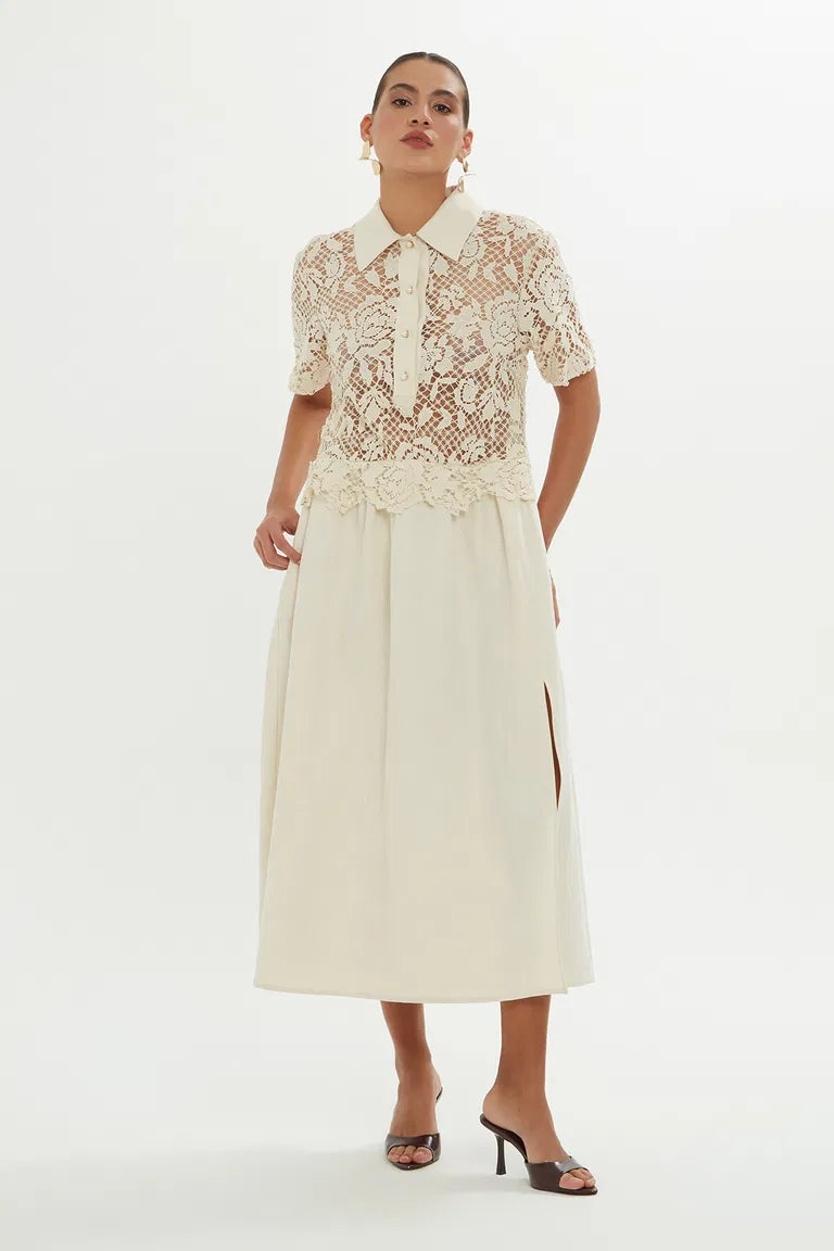 Short-Sleeve Bone-Colored Dress with Lace Top