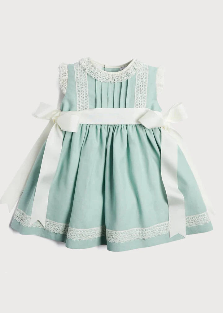 Lace trim ivory bow dress in teal