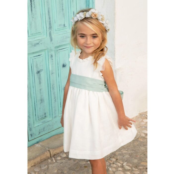 Pearl linen dress with contrasting sash