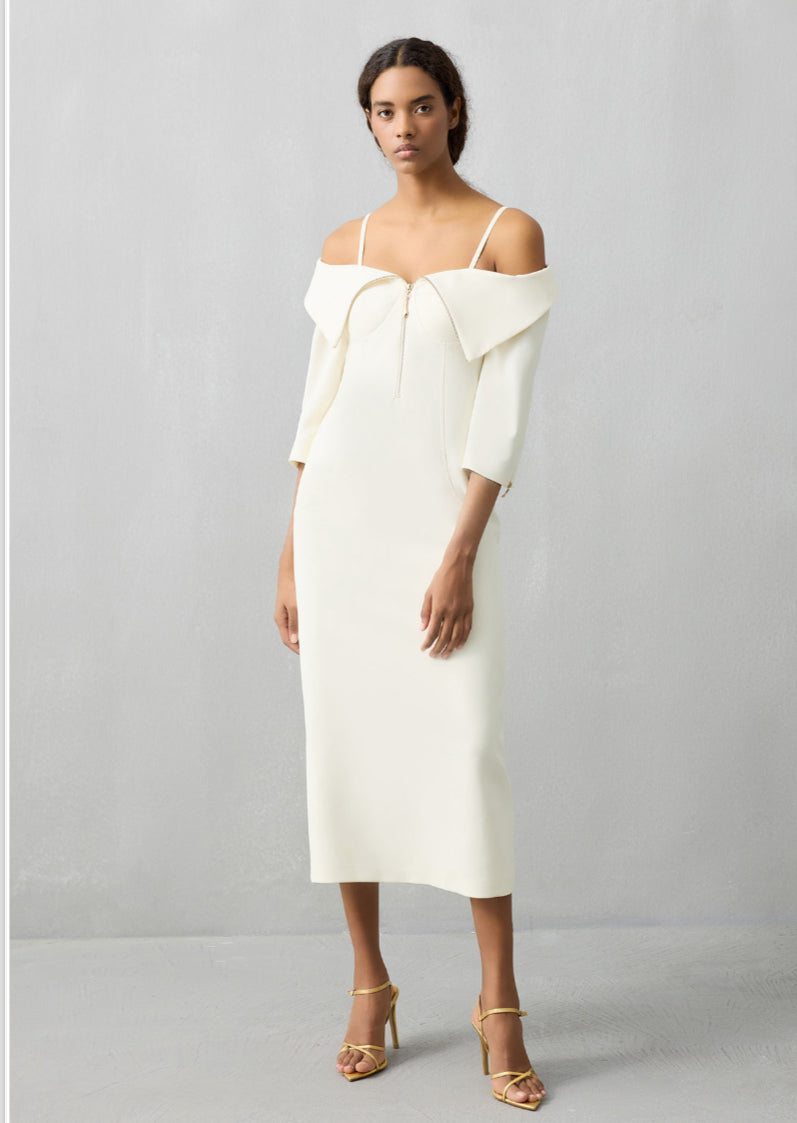 Off-Shoulder Dress with Details and Zipper on Chest