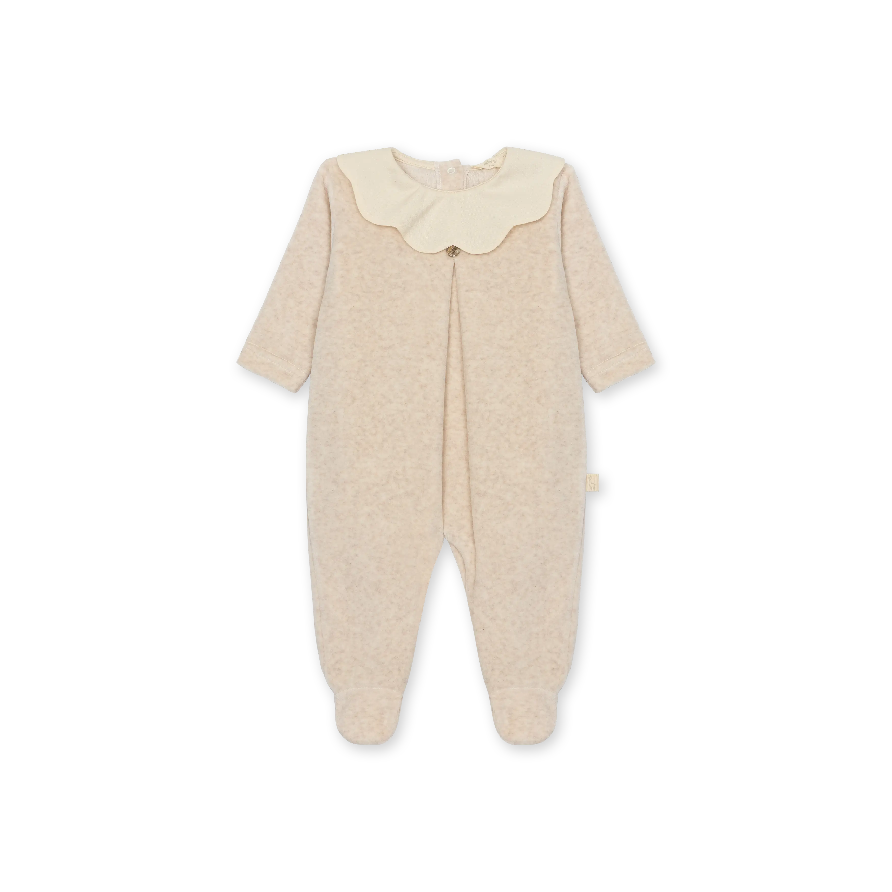 Velour babygrow with a flower trimmed collar