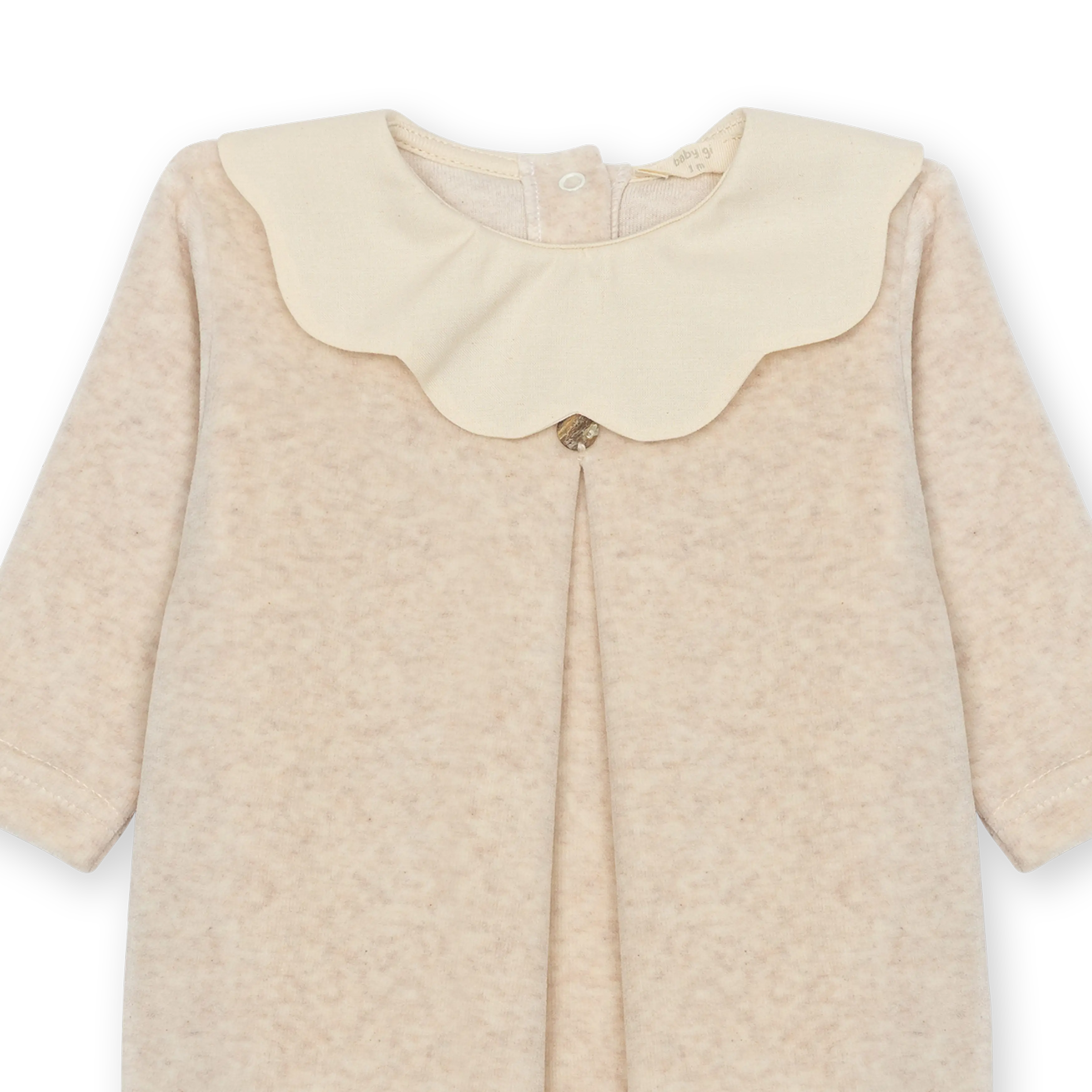Velour babygrow with a flower trimmed collar