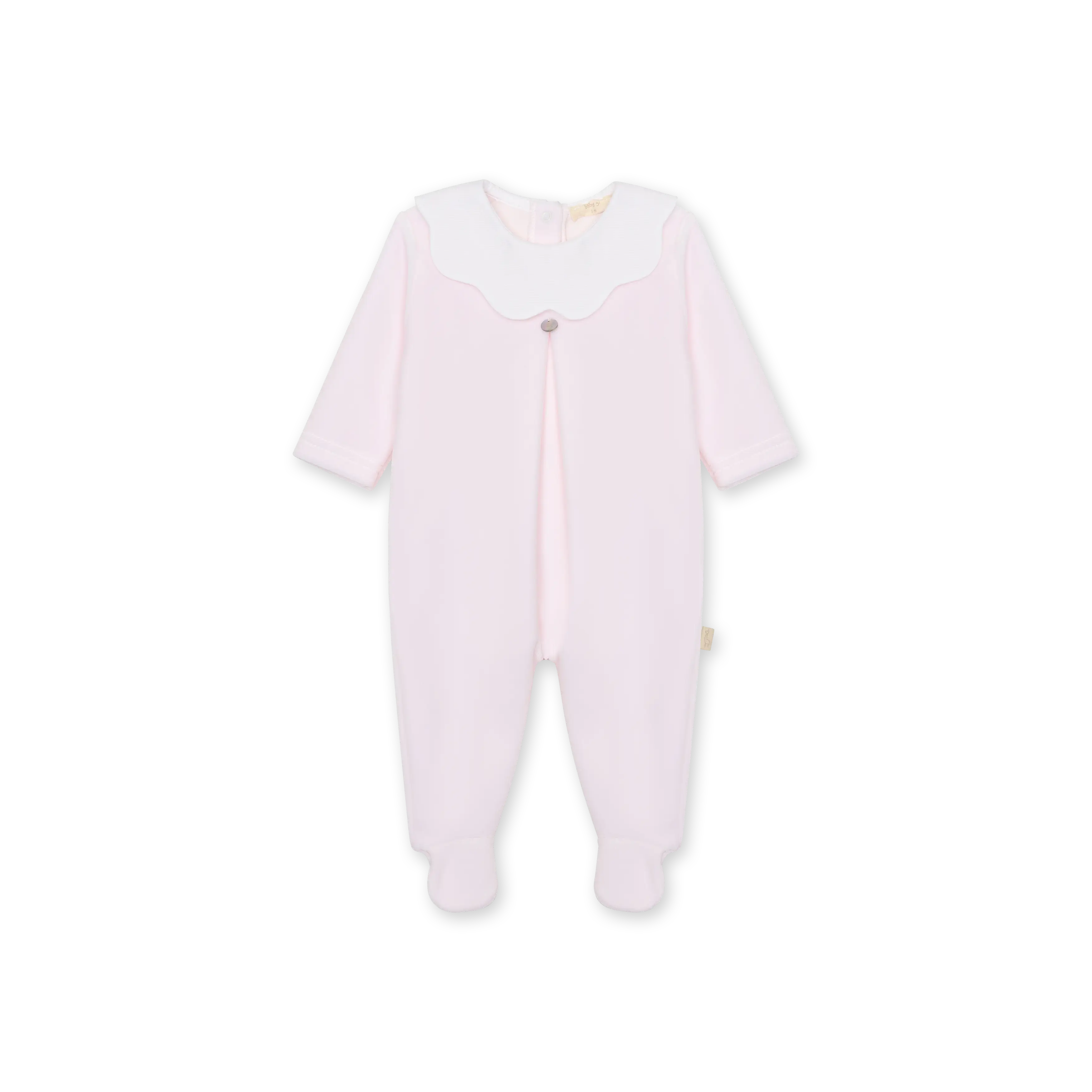 Velour babygrow with a flower trimmed collar