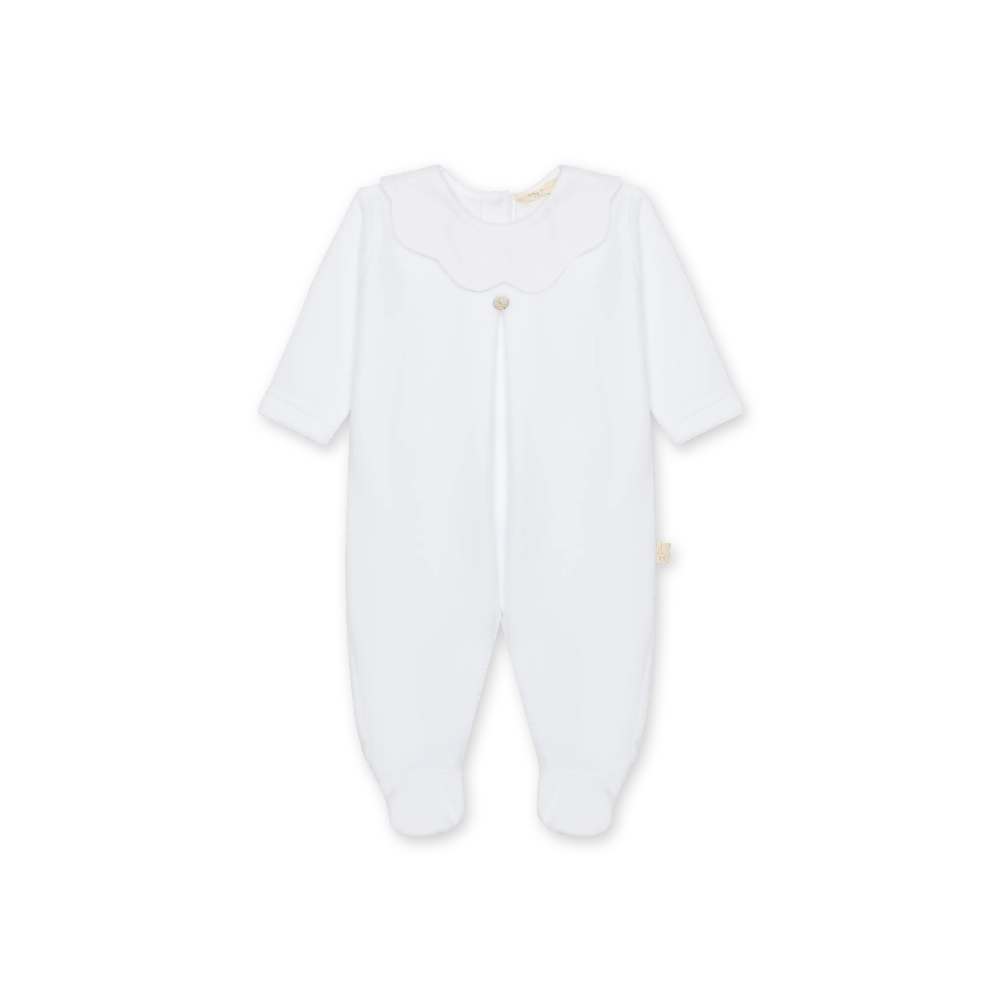 Velour babygrow with a flower trimmed collar