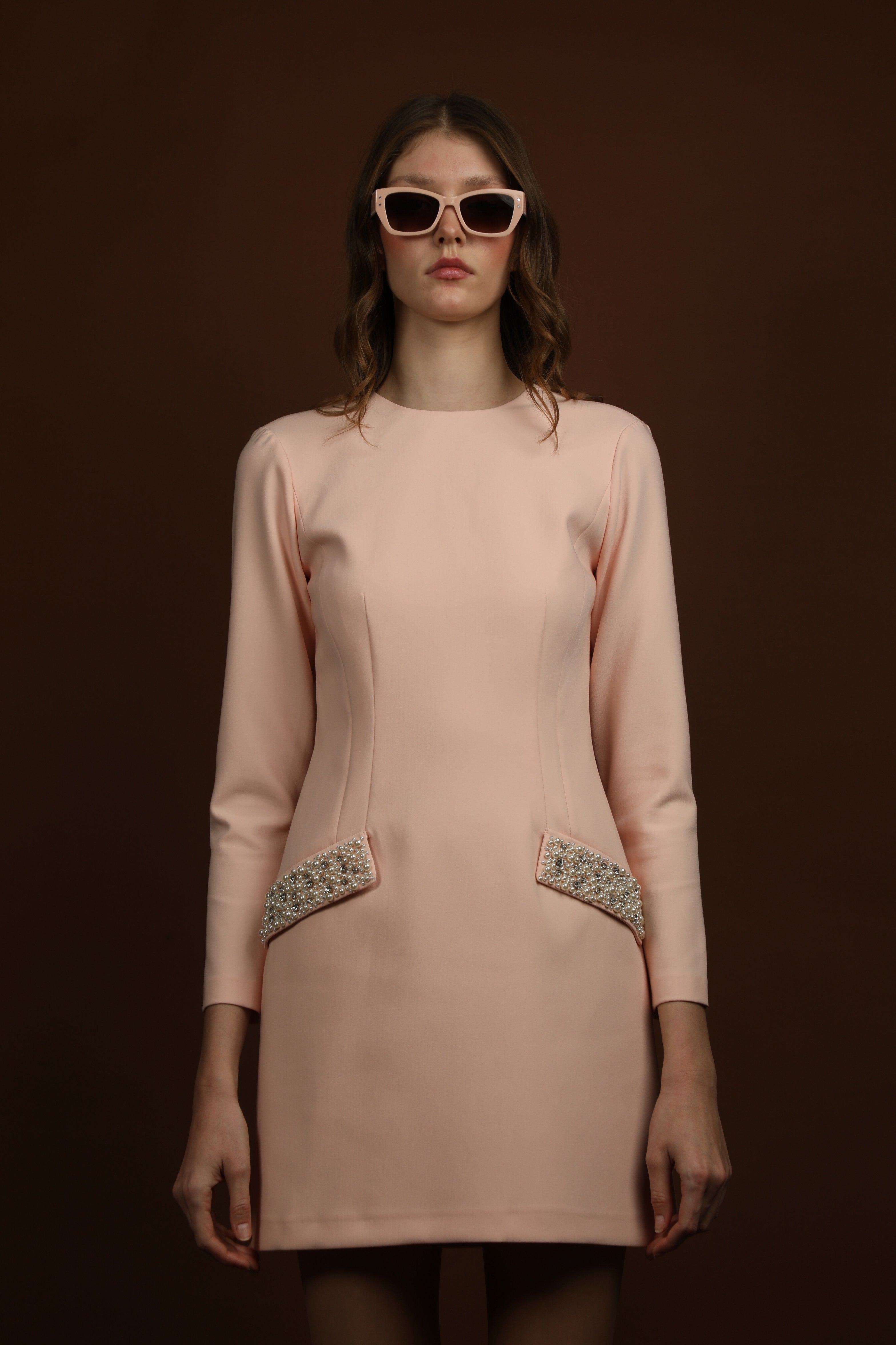 Stone Detailed Long Sleeve Dress with Powder Pockets