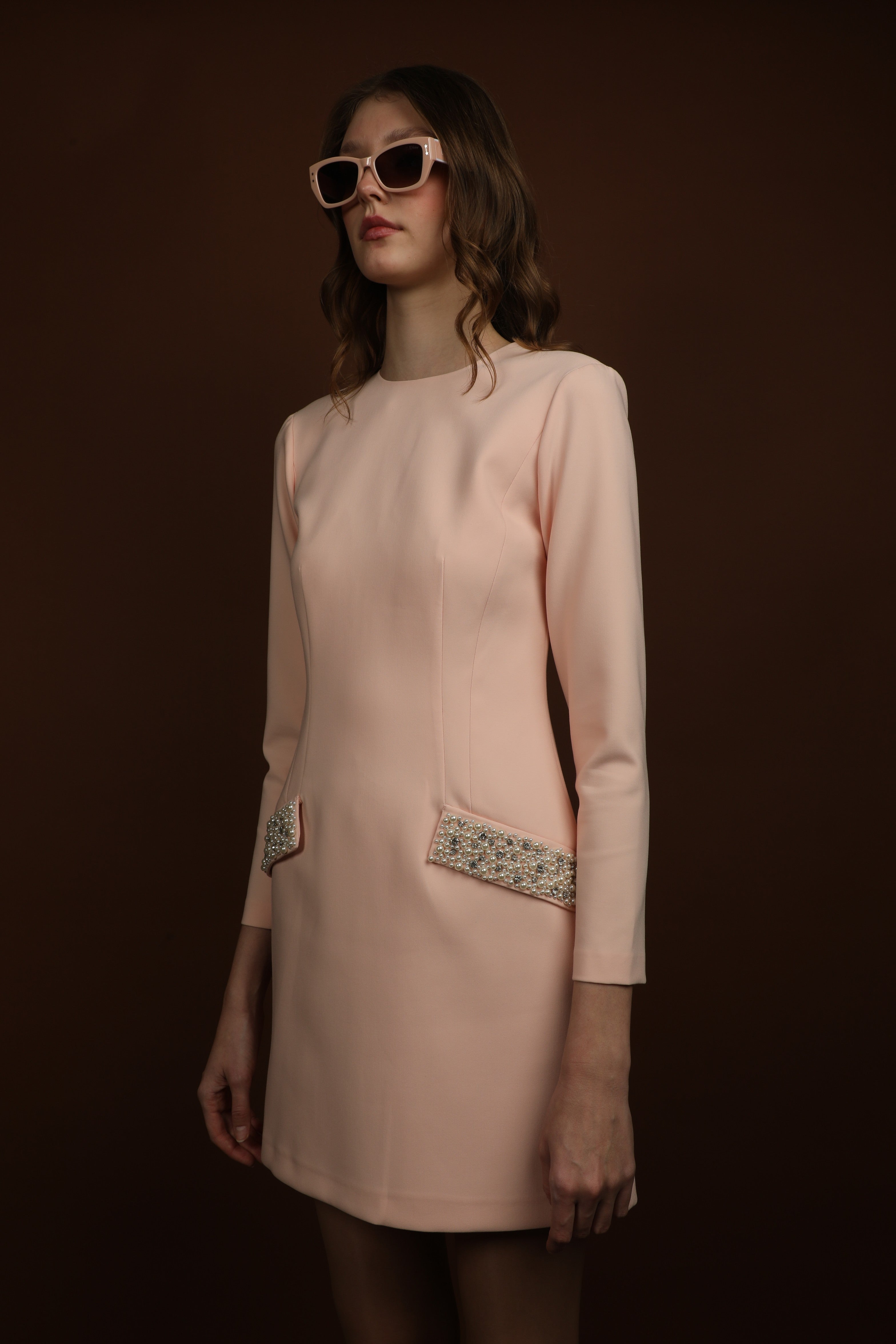 Stone Detailed Long Sleeve Dress with Powder Pockets