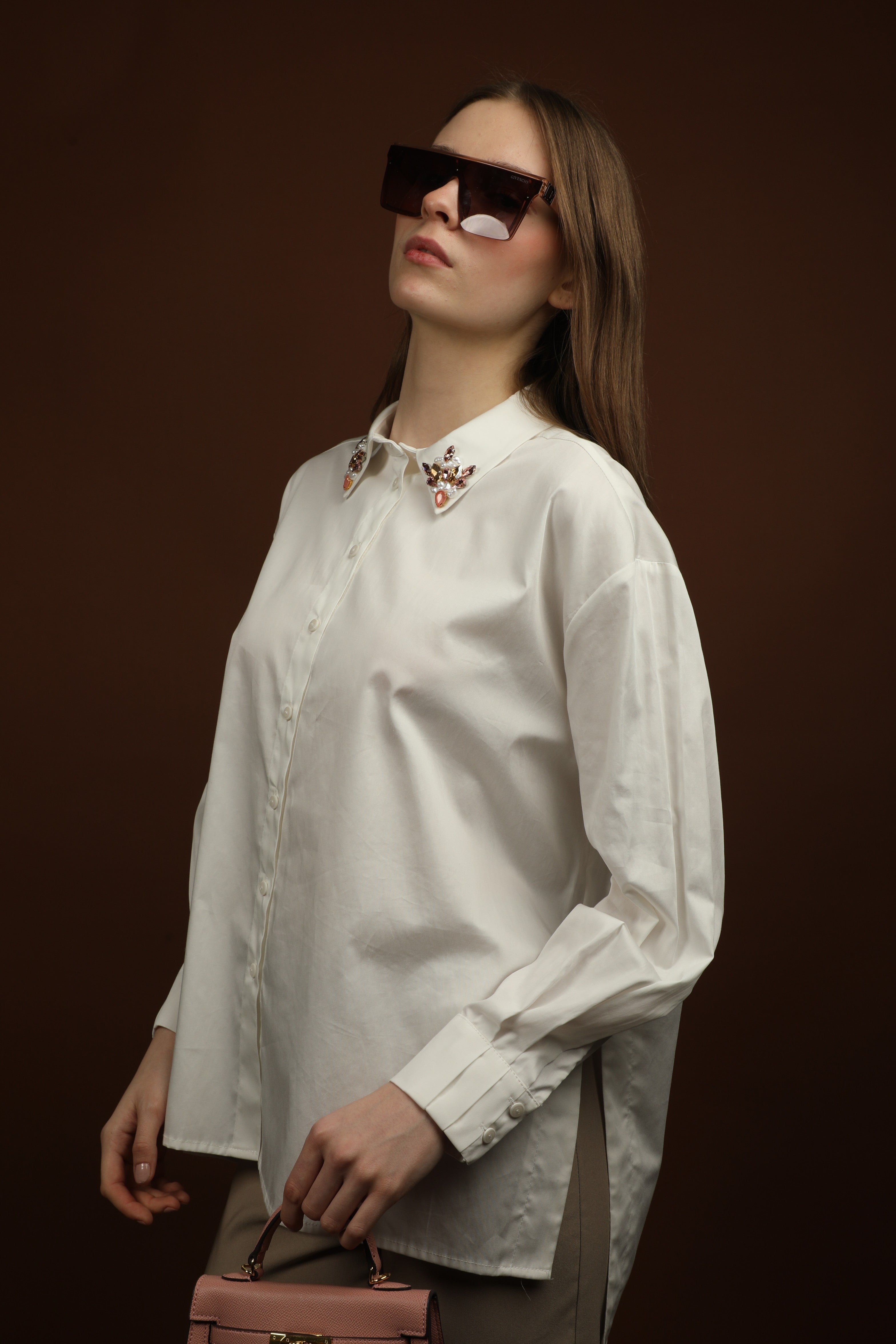 Embellished White Button-Up Shirt