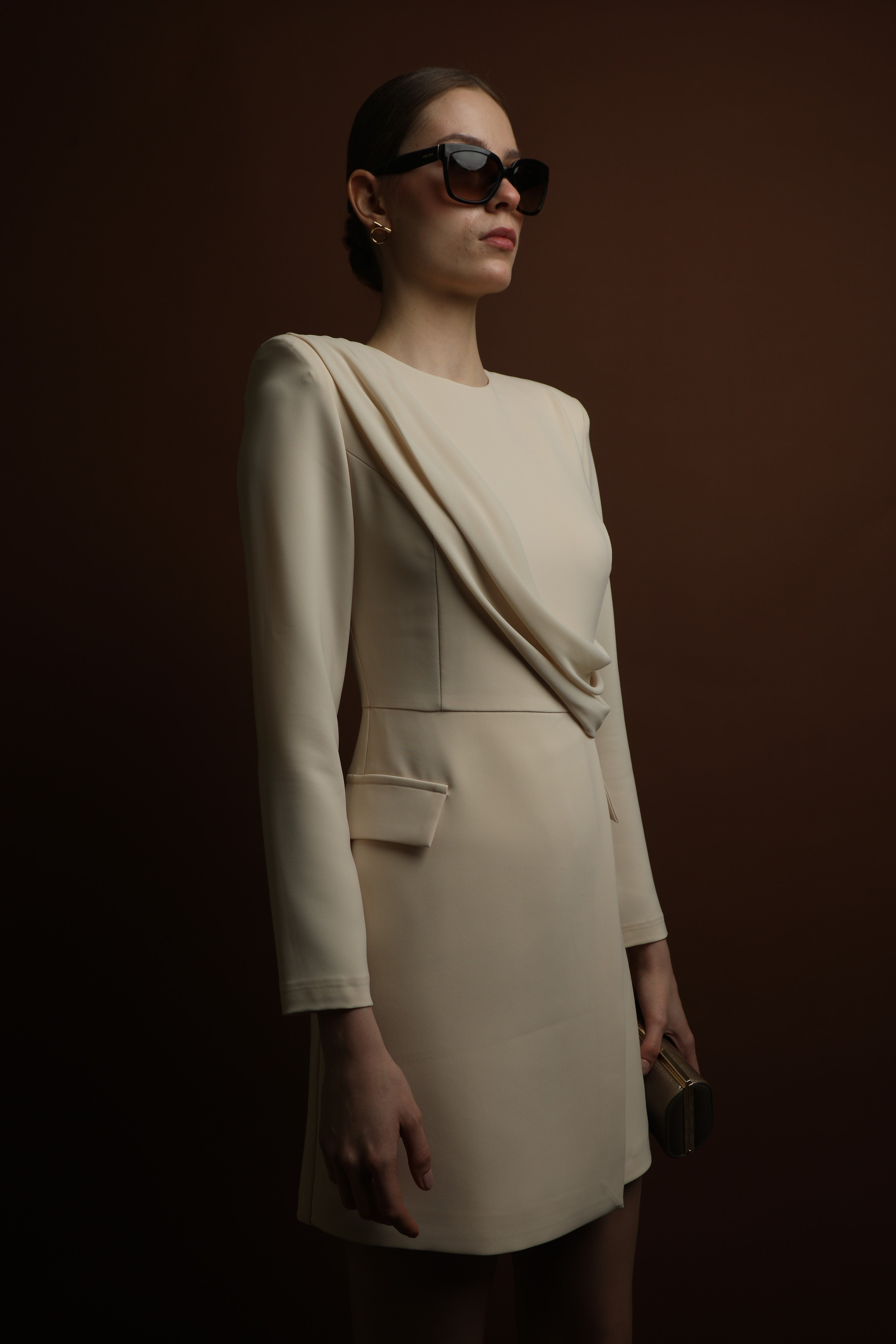 Structured Elegance: Draped Long-Sleeve Mini Dress