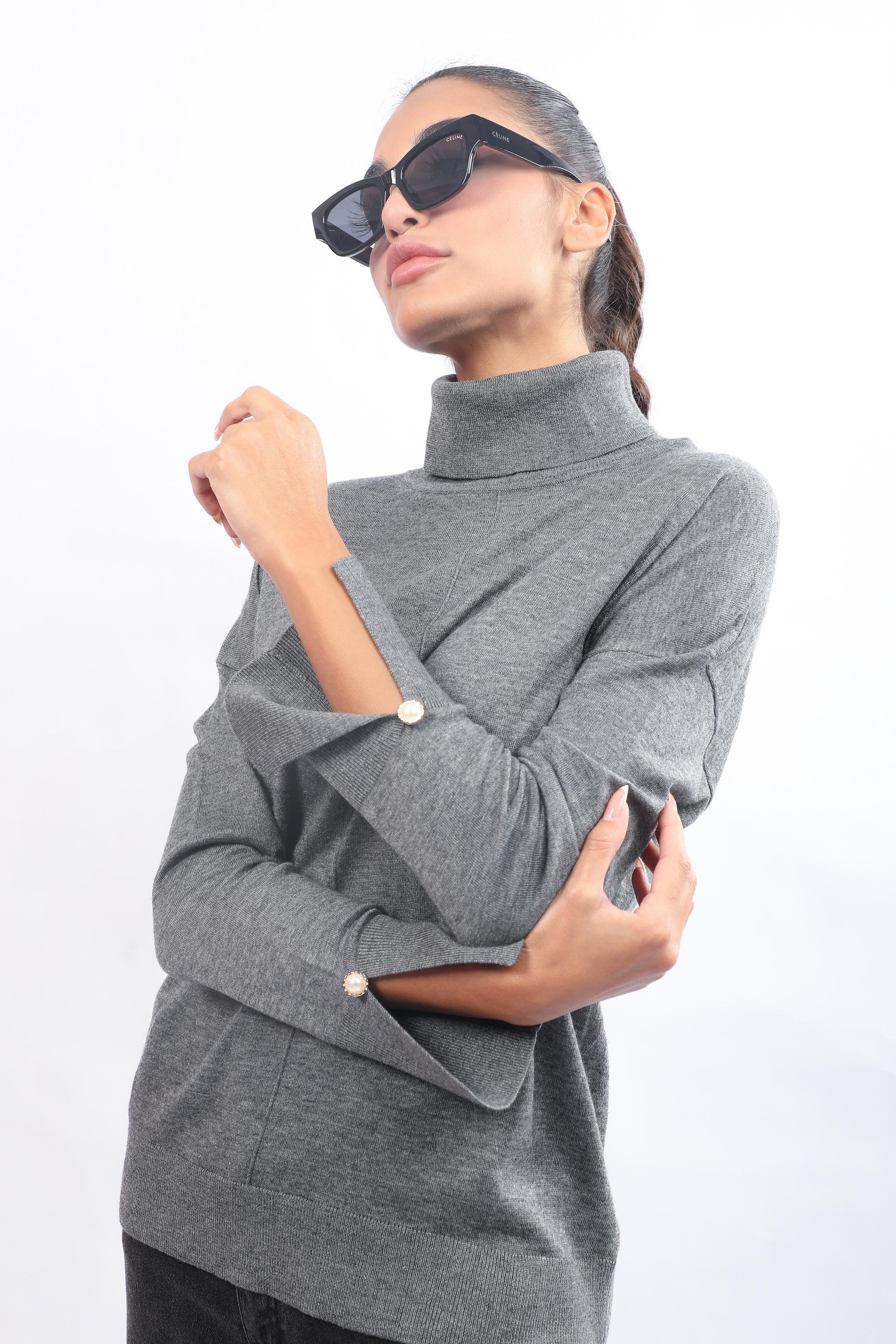 Pearl-Detail Split-Sleeve Turtleneck