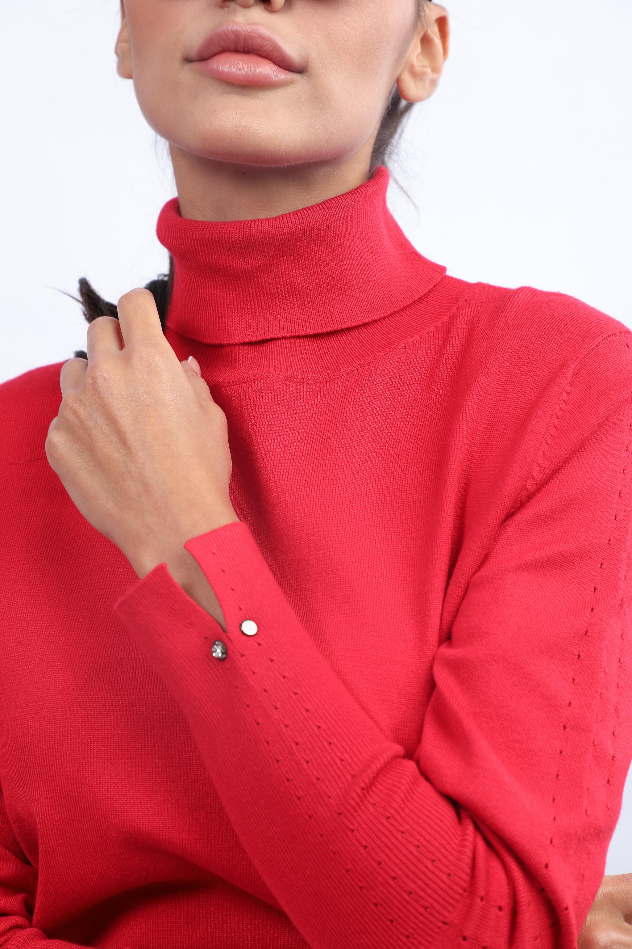 Crimson Turtleneck  Knitwear with Embellished Cuffs