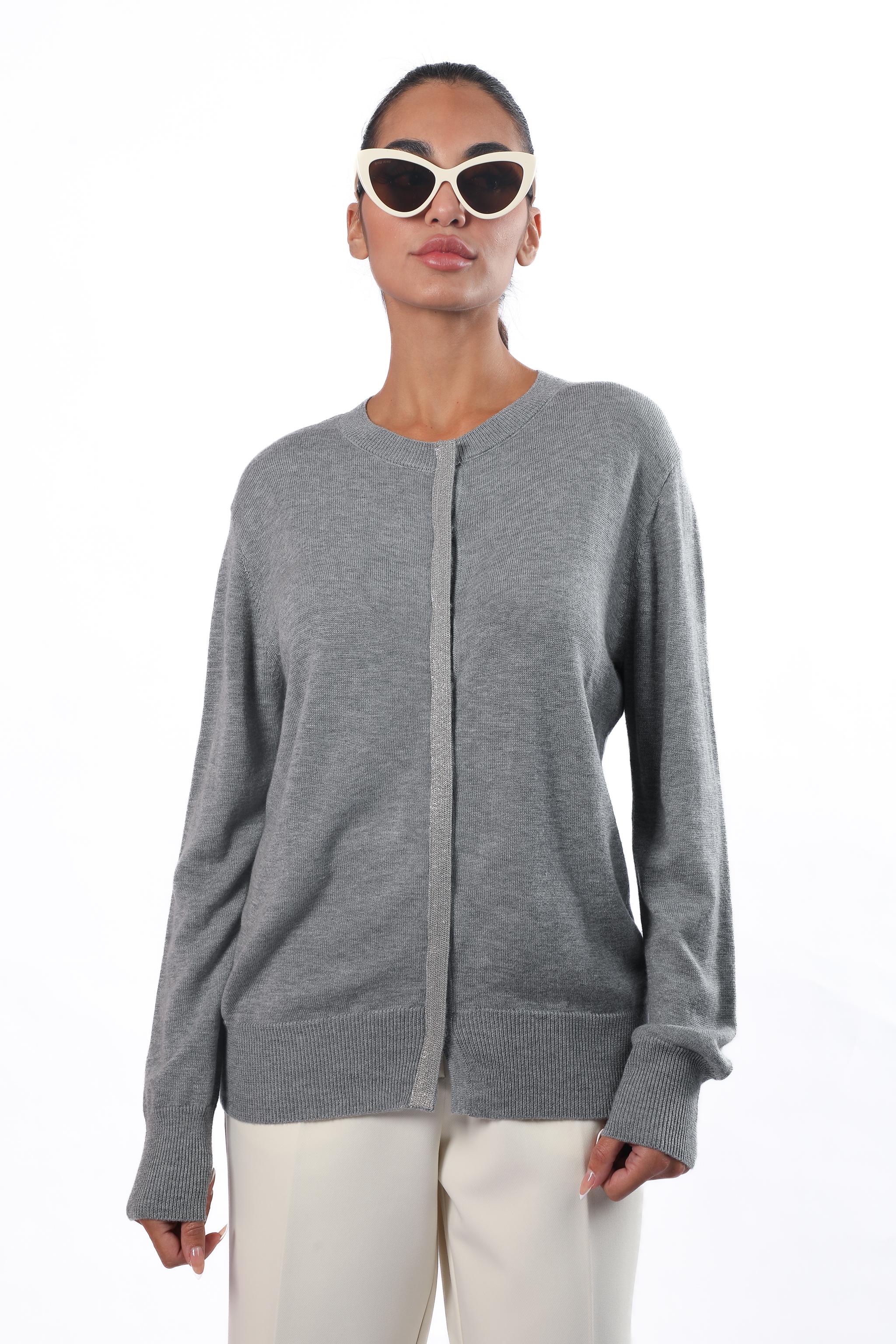 Classic Grey Cardigan with Subtle Metallic Trim