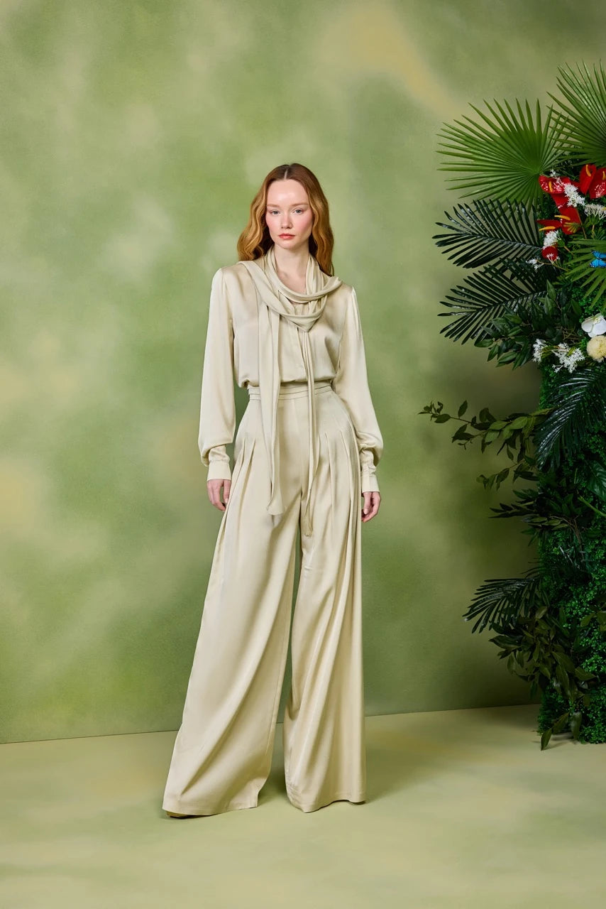 Designer Pleated viscose blouse and pants set.