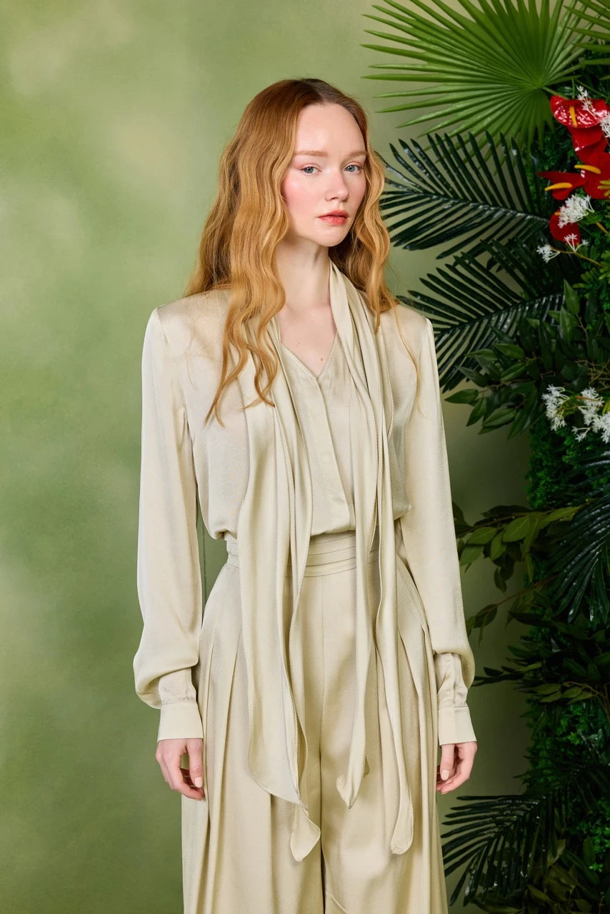 Designer Pleated viscose blouse and pants set.