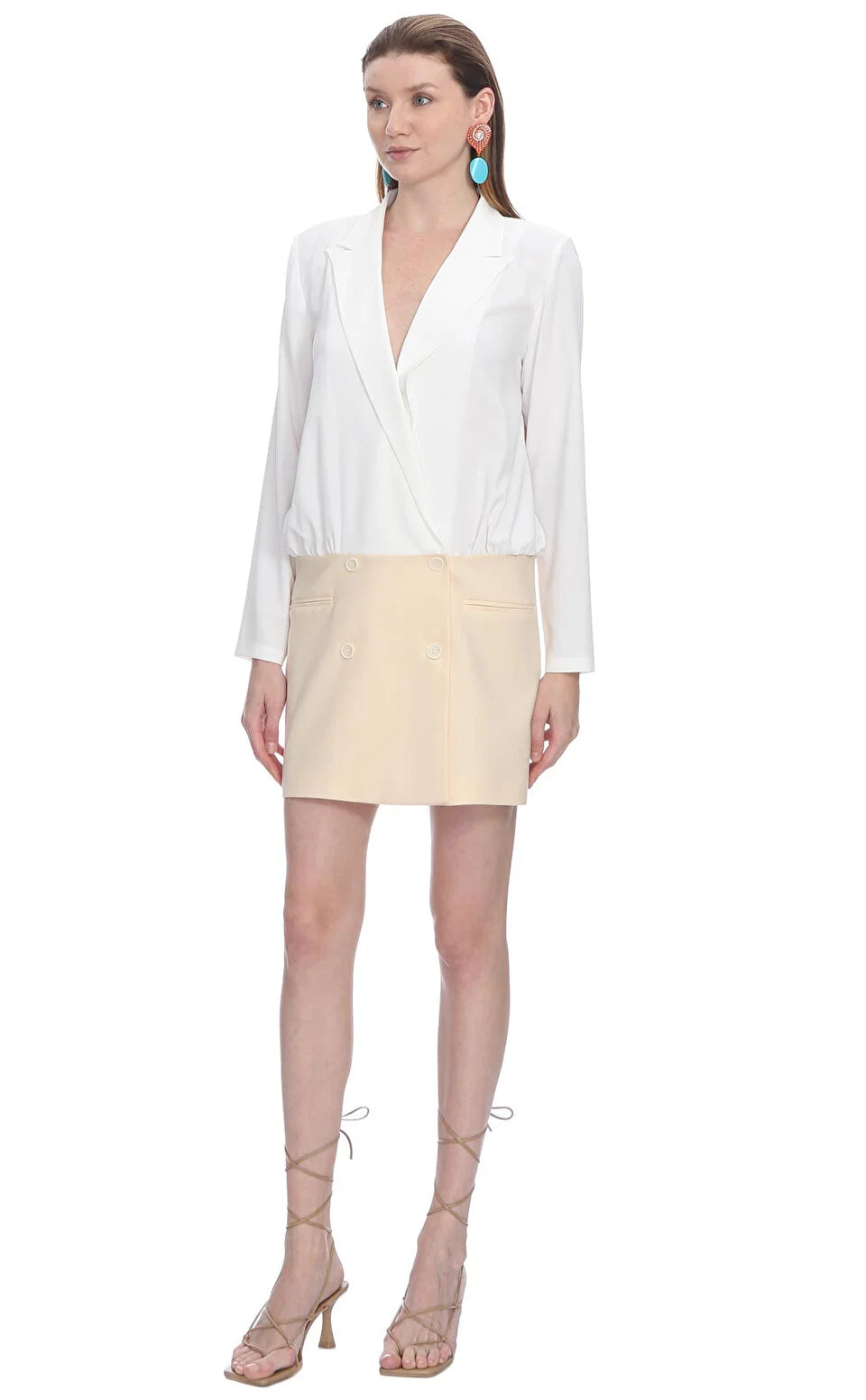 Long sleeve ecru & beige dress