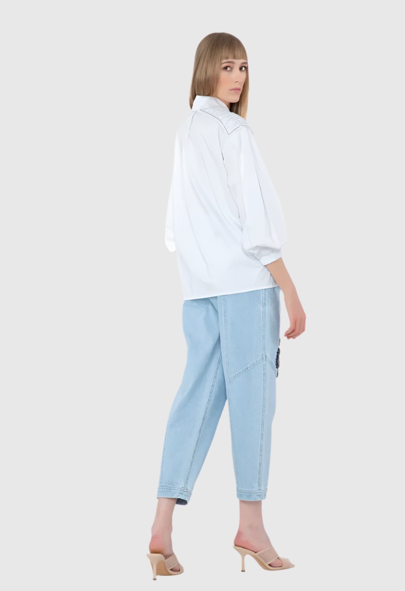 Embroidery And Stitch Detail Carrot Cut Navy Blue Trousers