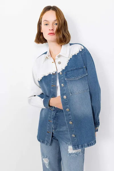 Denim jacket with pearl detailing