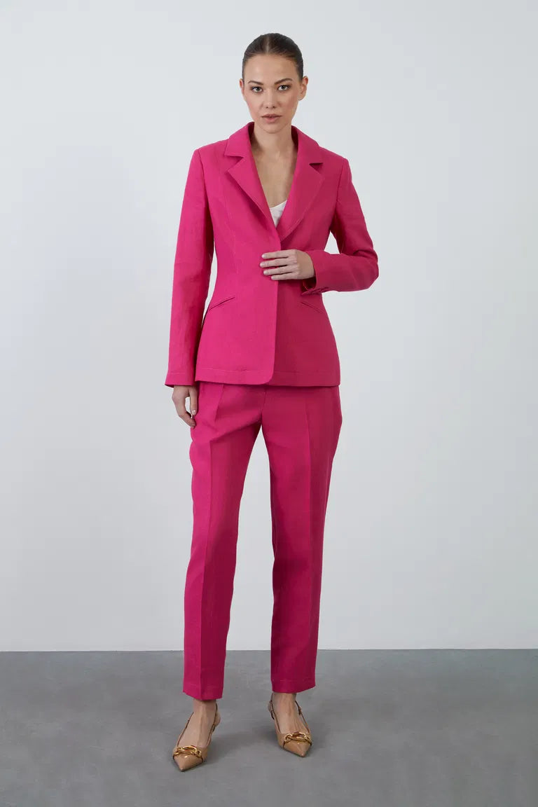 Single-Button Closure Long Sleeve Pink Linen Jacket