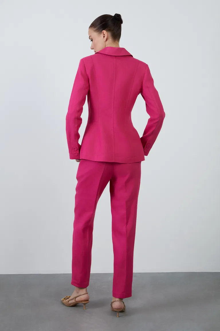Single-Button Closure Long Sleeve Pink Linen Jacket
